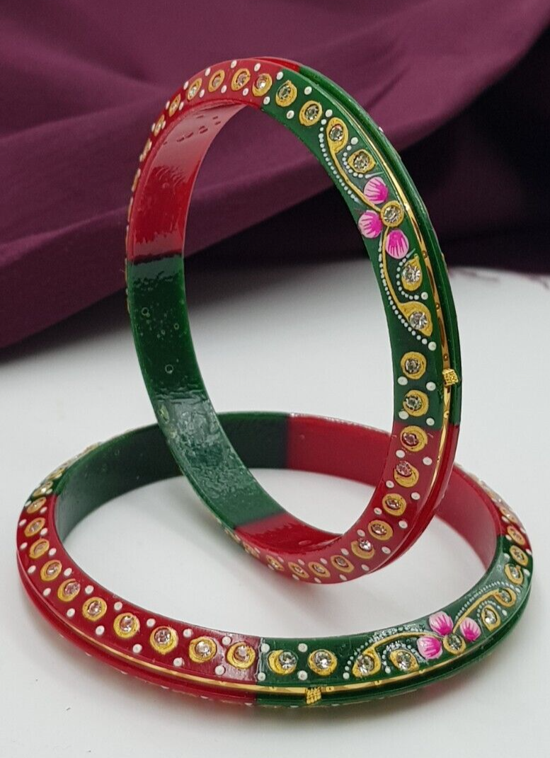 Slip On Chudi 22K Gold Bangle Two Tone Painting Work CZ Yellow