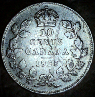 1928 Canadian 80% Silver 10 Cents King George V Circulated Canada