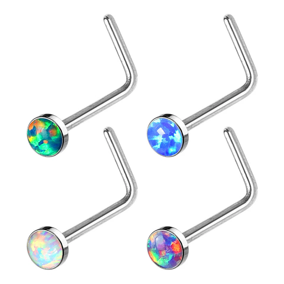 4 Pcs Simulated Opal Set Surgical Steel L Bend Nose Stud Ring Piercing 20g - Image 2 of 2