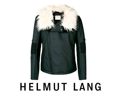 Helmut Lang Black Film-Coated Moto Jacket with Faux Fur Trim