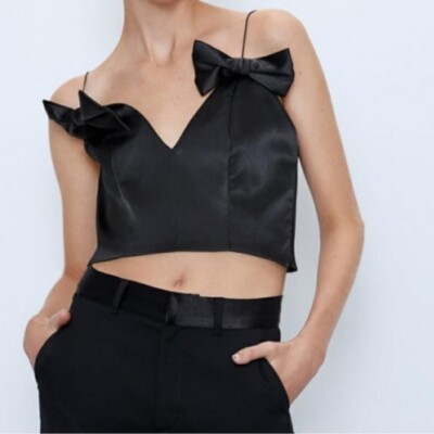 ZARA | Blogger Favorite Bow Satin Tank Top Camisole Black Satin Cropped