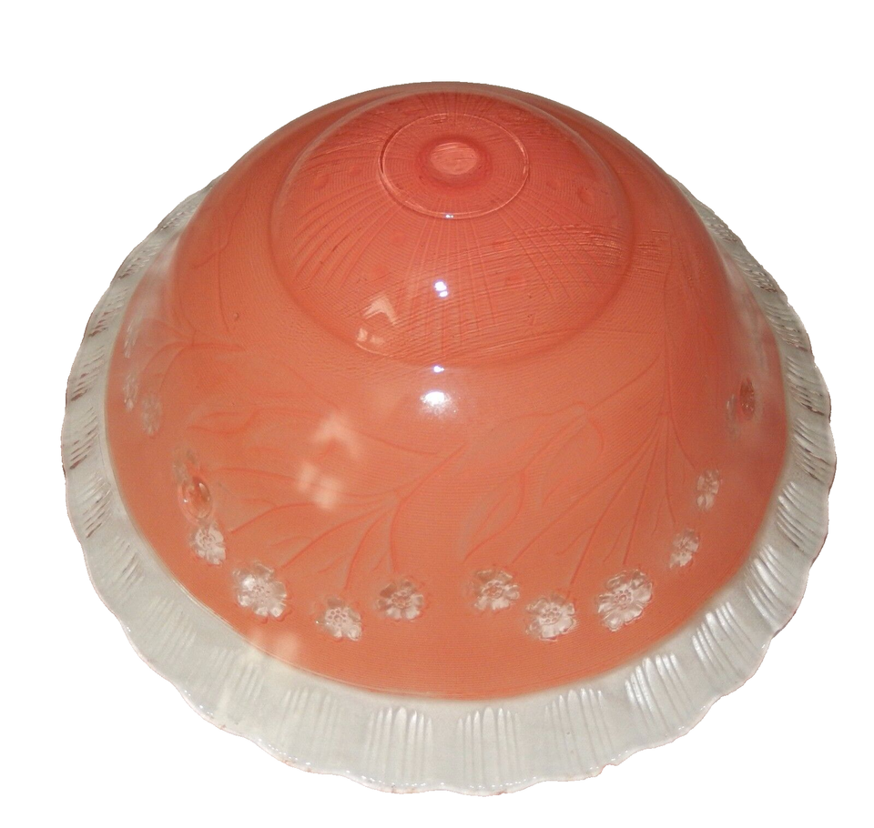 Vintage Hanging Light Fixture Floral Art Deco Pink Ornate Glass 3 Hole