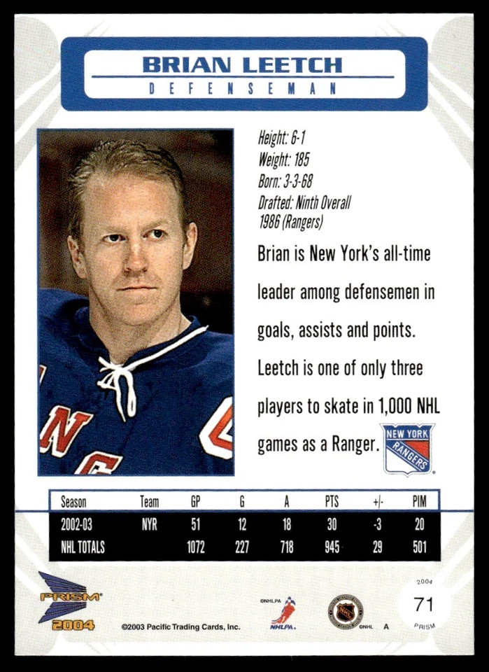 2003-04 Pacific Prism Blue Brian Leetch New York Rangers #71 R3 - Image 2 of 2