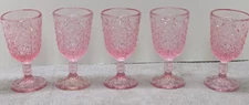 5 L.G. Wright Fenton Pink Glass Daisy & Button w thumbprint Wine Goblets 4 3/4"