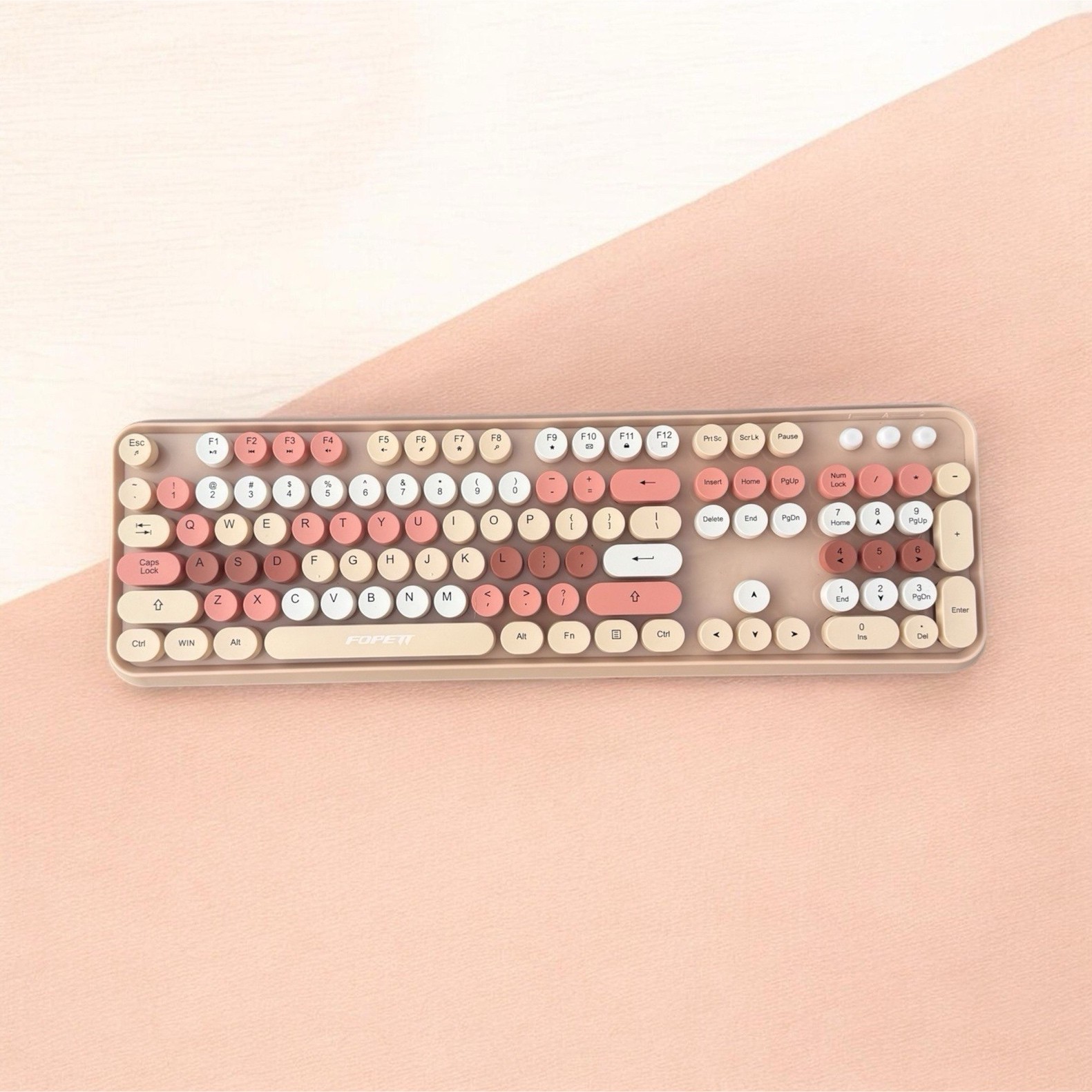 FOPETT Compact Keyboard and Mouse Bundle Pink Beige White QWERTY