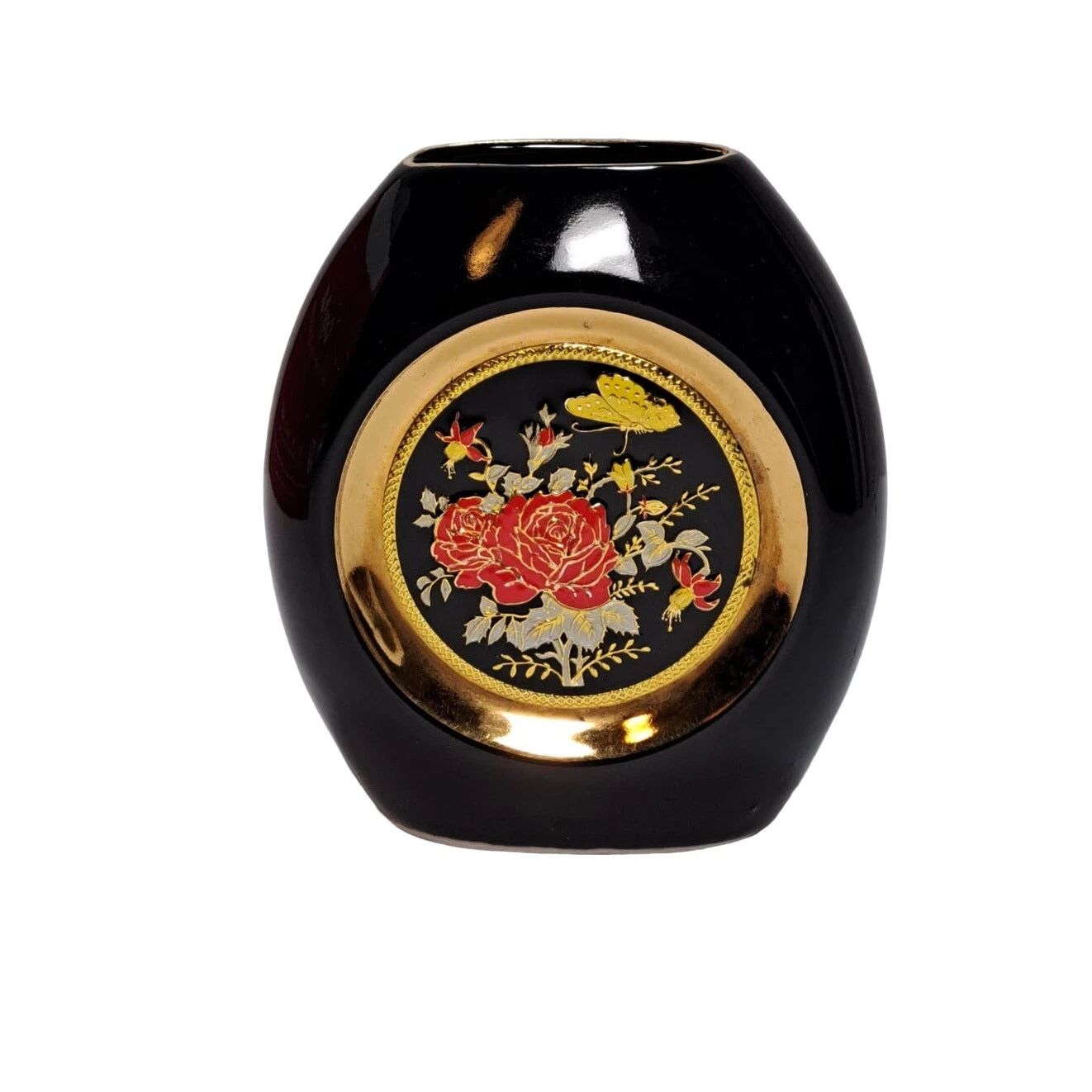 Asian Inspired Vase Black Miniature Gold and Red Floral Accents Oval Opening 3"