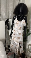 White Beige Floral Ruffle Midi Sundress Straps V-Neck Sleeveless Women