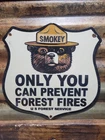 VINTAGE SMOKEY BEAR PORCELAIN SIGN OLD US FOREST SERVICE SHIELD NATIONAL PARK 12