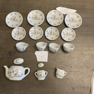 17 Pc Bunny Rabbit Mini Tea Set Easter Decor Porcelain One Repaired Cup
