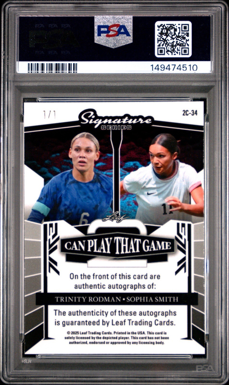 2025 Leaf Signature Series USA Trinity Rodman Sophia Smith Dual 1/1 Auto PSA view 2