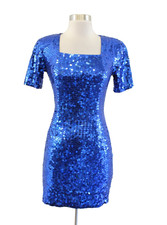 Vtg 90s Niteline Blue Sequin Beaded Square Neck Party Dress Size 2P