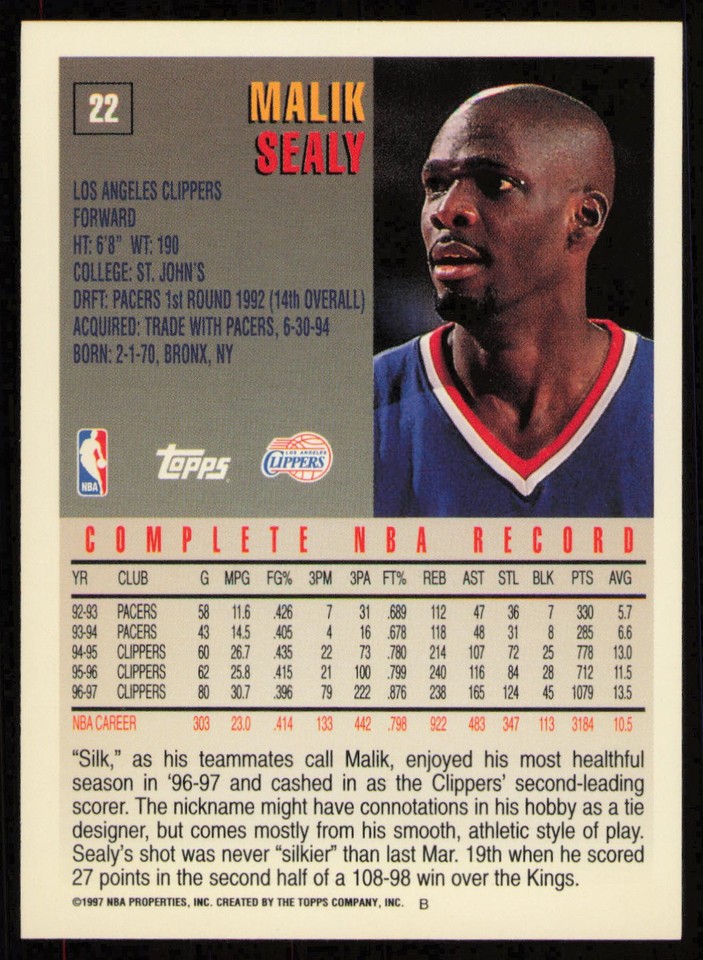 1997-98 Topps #22 Malik Sealy Los Angeles Clippers Card | eBay