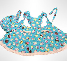 Child's Teal Cupcake Party Pinafore Apron  Chef Hat Handmade Premium Fabric