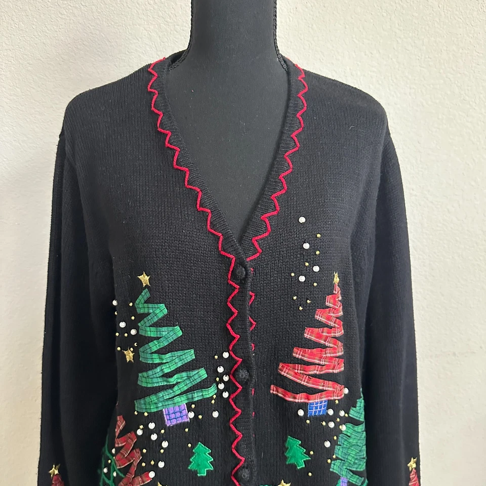 Винтажный рождественский кардиган женщин большой черный уродливый вечеринки деревья блестящий Рами 90-х - Изображение 2 из 4