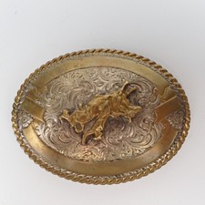 Crumrine Western Bull Rider Belt Buckle Oval Gold Silver Tone Rodeo