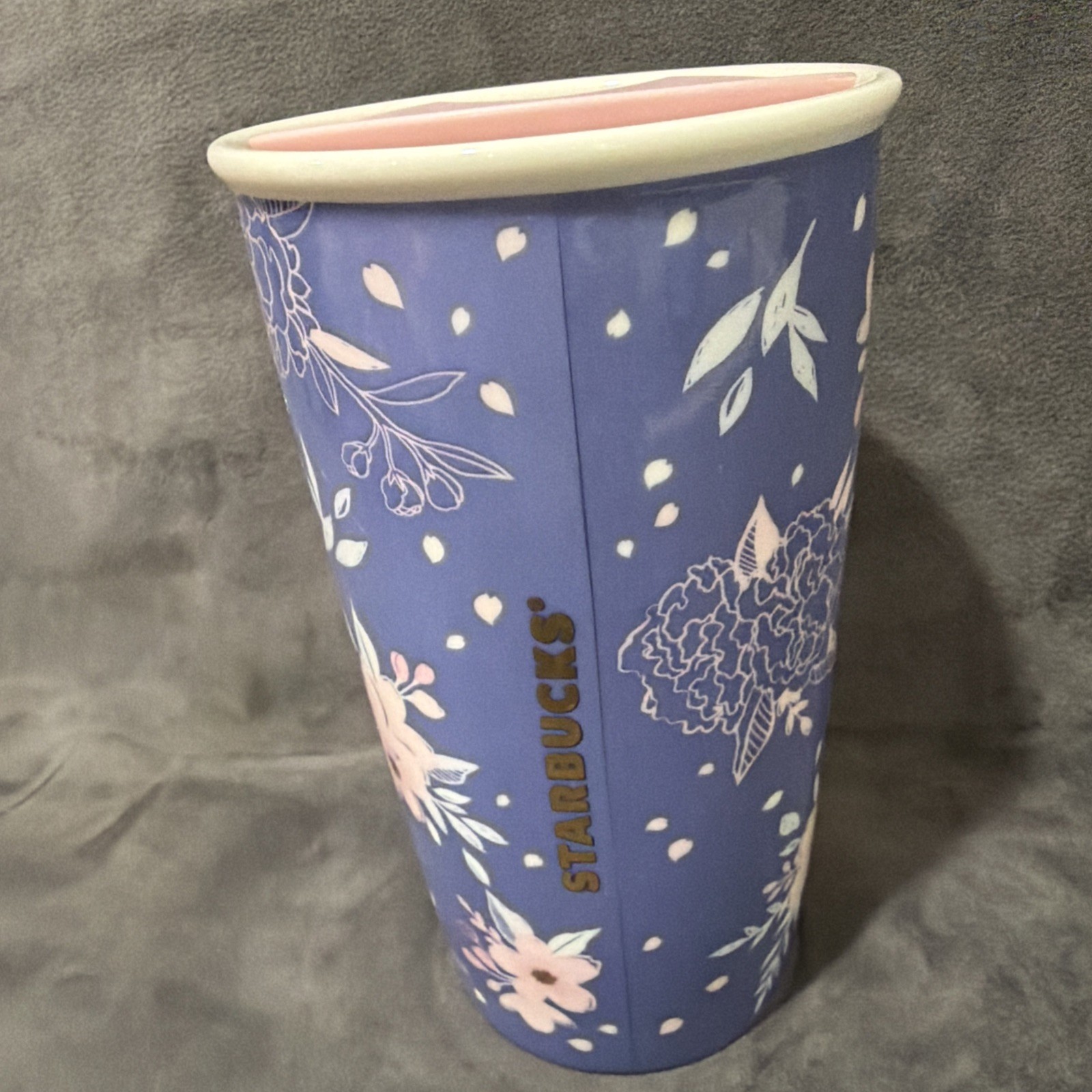 Starbucks Sakura Floral Ceramic Tumbler w Lid Pink Flowers Purple Sky *Scratch