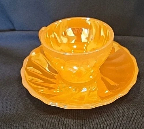 Vintage Fire King Peach Lustre Swirl Demitasse Tea Cup and Saucer Set