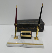 VINTAGE DESK SET PEN STAND PENS WITH HOLDERS AND DATE CLOCK MARBLE BASE WITH BOX