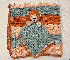 Handmade Crochet Lion Security Blanket Set Crib Blanket Green Peach Orange 28x30