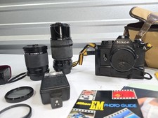 Vintage Nikon EM 35mm SLR Single Lens Reflex All Black Film Camera +lens & Flash
