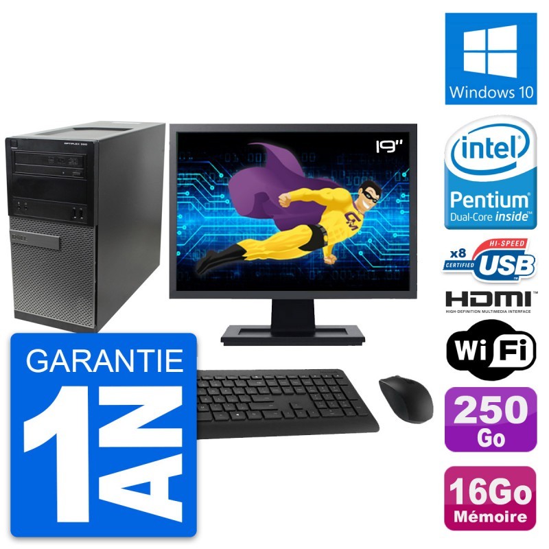 PC Tour Dell 390 MT Ecran 19" G630 RAM 16Go Disque 250Go HDMI Windows 10 Wifi