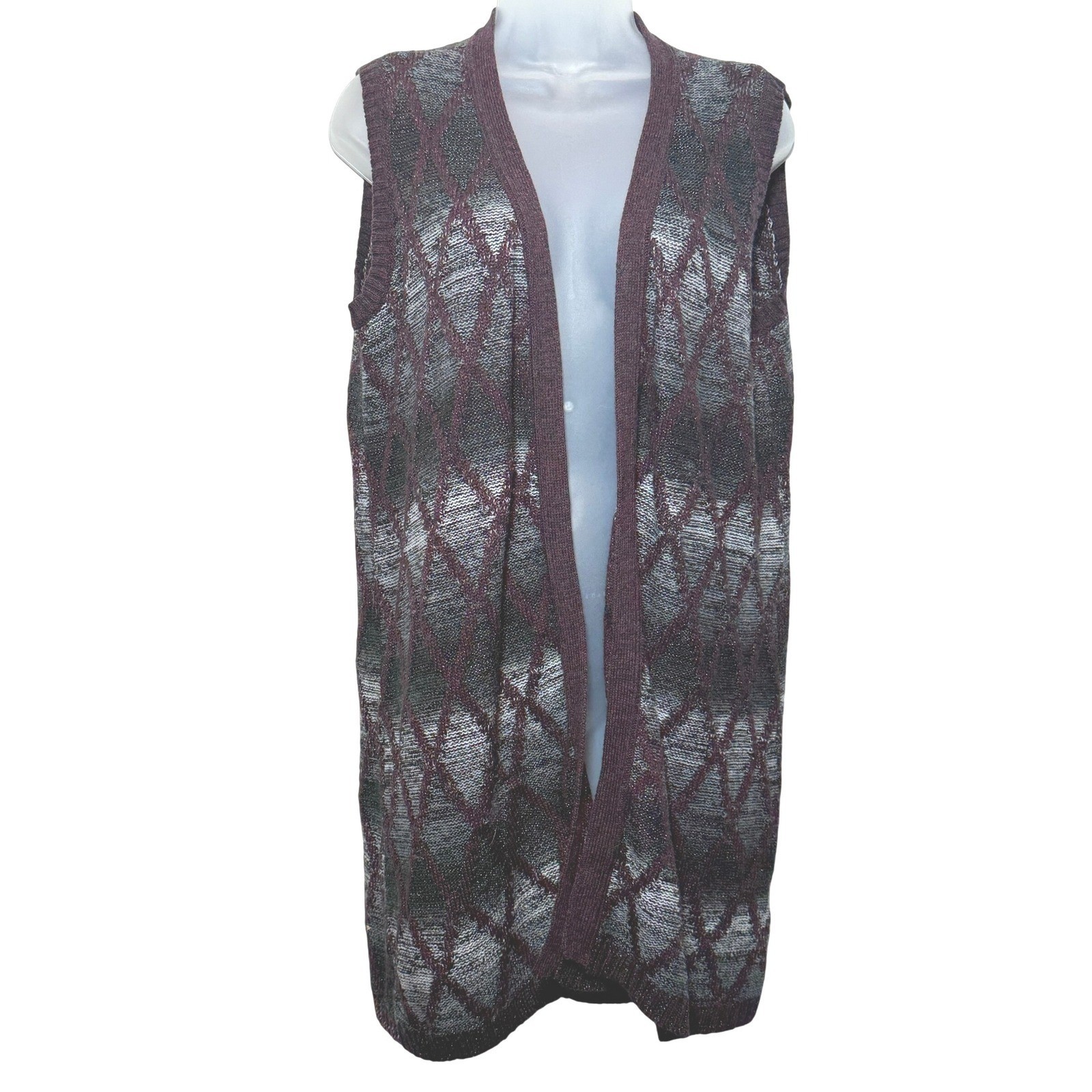 Christopher & Banks Womens BOHO Argyle Knit Open Front Vest Cardigan L RETRO