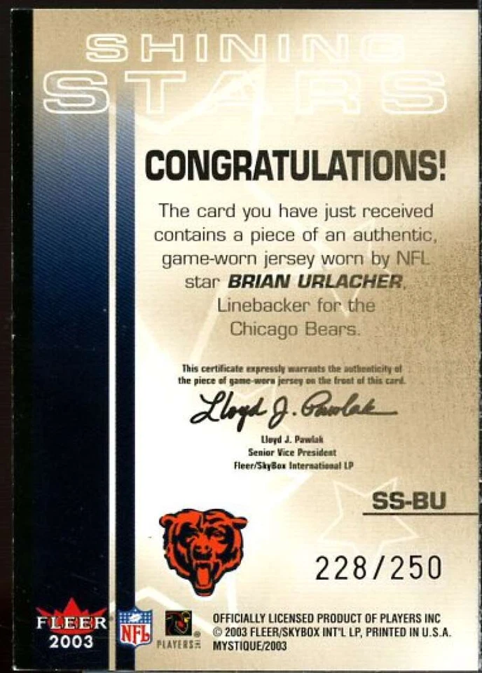 Brian Urlacher Card 2003 Fleer Mystique Shining Stars Jerseys #BU  - Image 2 of 2