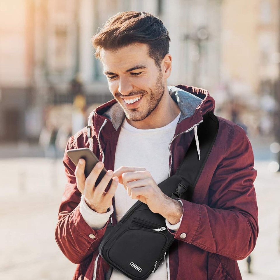 Mens Sling Bag, Leather Sling Bag with USB Charging Port Waterproof