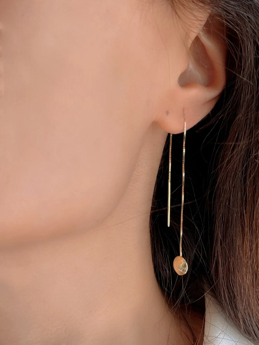 Threader Dangle Earrings Solid 14K Real Gold Flat Bead Drop Chain Earrings Women