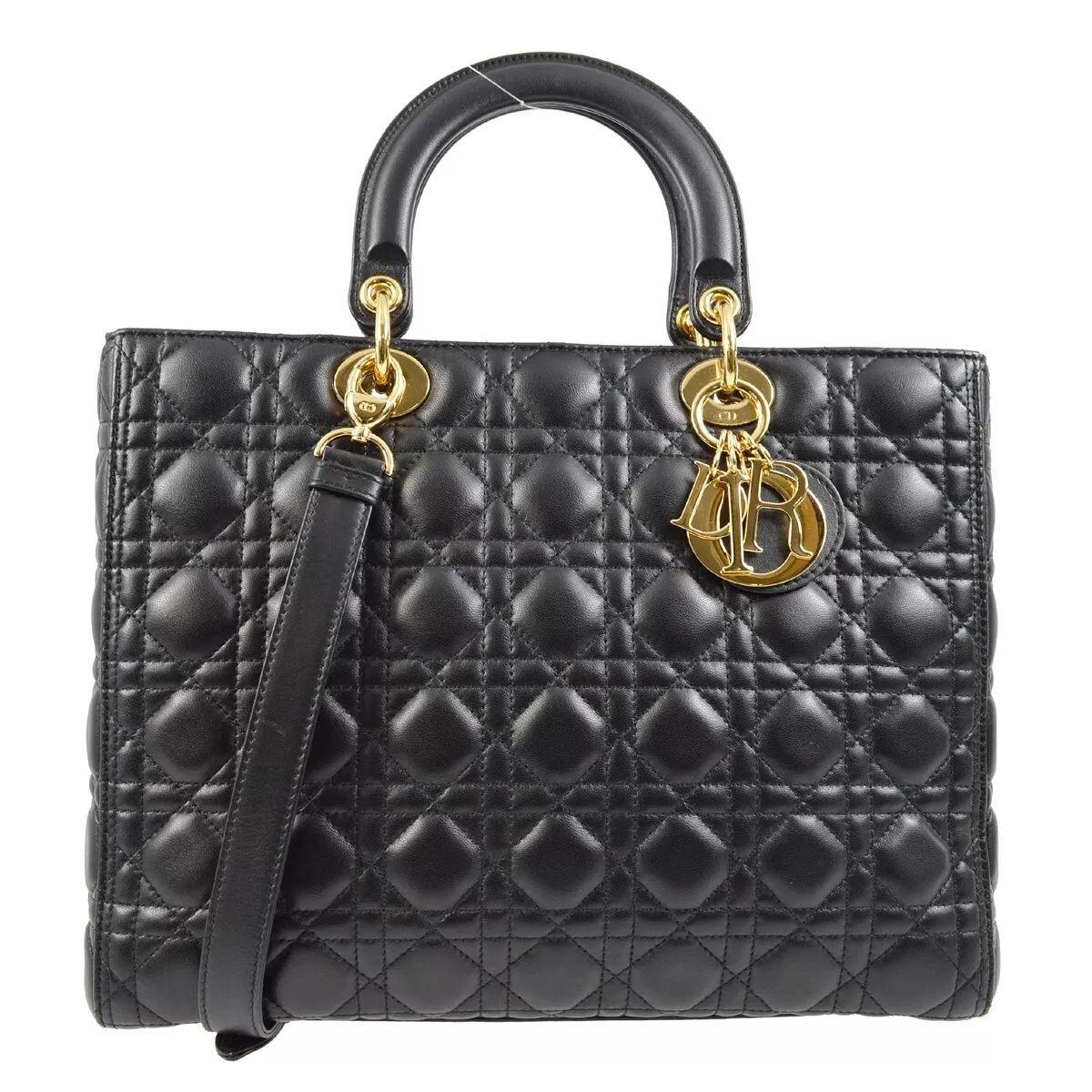 Sac à main bidirectionnel peau d'agneau noir Christian Dior Cannage 18 MA 0138 122746