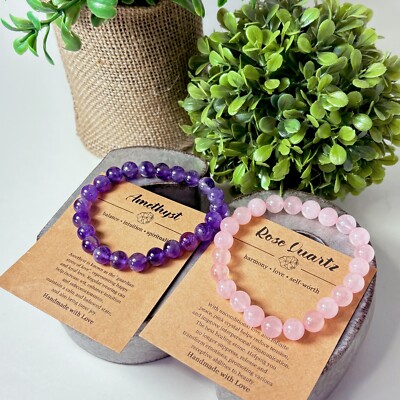 Amethyst & Rose Quartz Crystal Bracelet Set   Healing Gemstone Bundle For Love