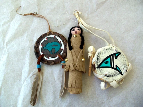Native American Christmas Ornaments Lot of 3!  HANDCRAFTED?  SQUAW!  DRUM!  +