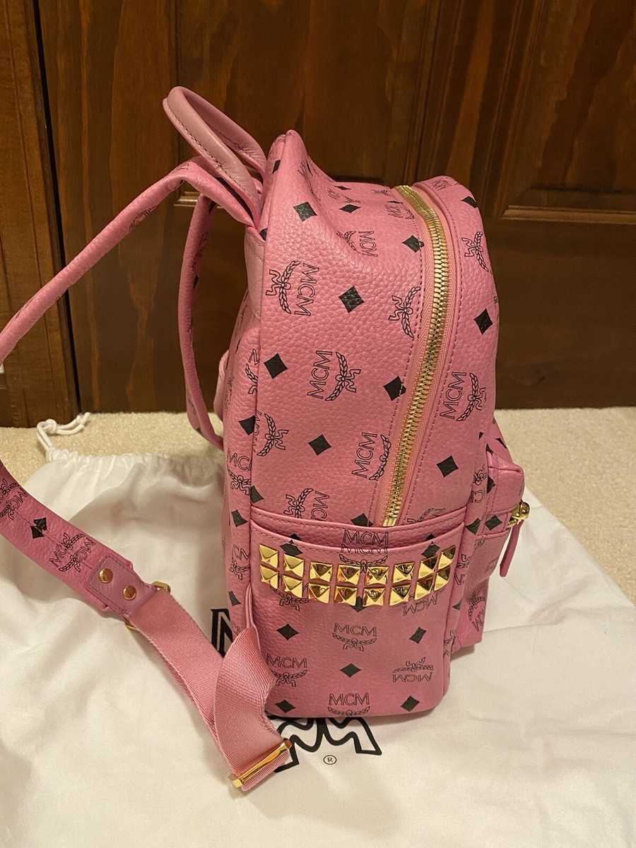MCM Pink Monogram Gold Stud Leather Stark Backpack Black  display picture 2