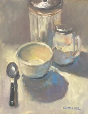 Original Still Life Painting Impressionism Sugar Salt Cup Spoon Acrylic/Canvas