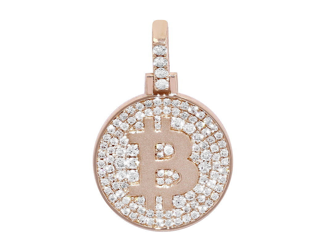Bitcoin Sign Medallion 0.7CT Real Diamond Pendant 14K Rose Gold