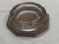 MID CENTURY Thick Heavy Clear Glass Ashtray w American Oak Wood Base USA