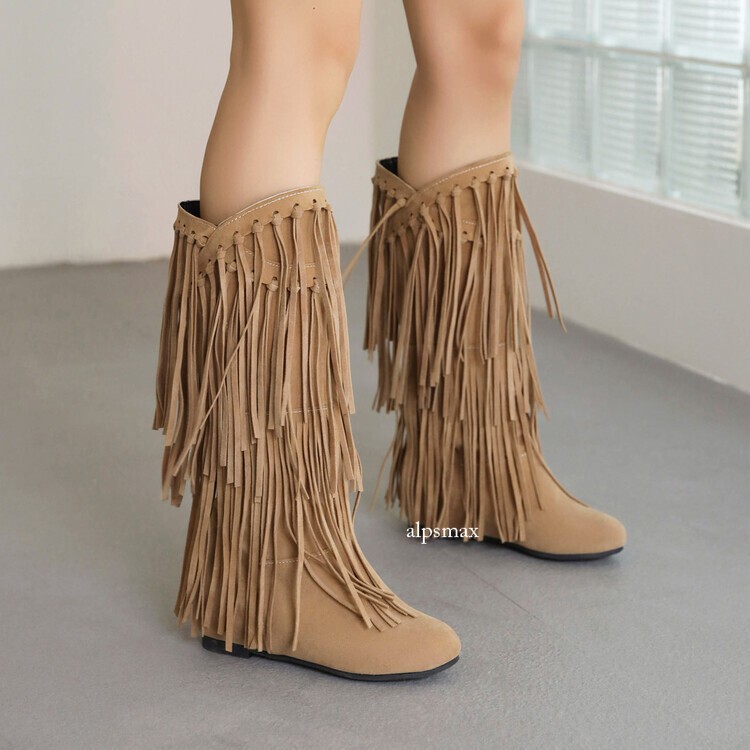 Women's Faux Leather 3 Layer Fringe Tassel Pull on Heel Round Toe Mid-calf Boots