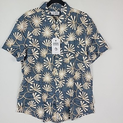 NWT Penguin Men's Blue Wing Teal Viscose Short Sleeve Shirt Size L Retail $95