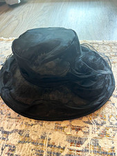 Women s adjustable Black Sheer Organza Wide Brim Church/Dress Formal Hat Rosette