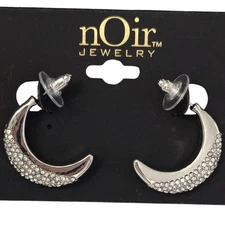 Silver Crescent Moon Earrings with Cubic Zirconia by nOir