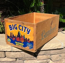 Wood Fruit Crate Big City Bartletts Pears Box CA Advertising Label Lambert Vtg