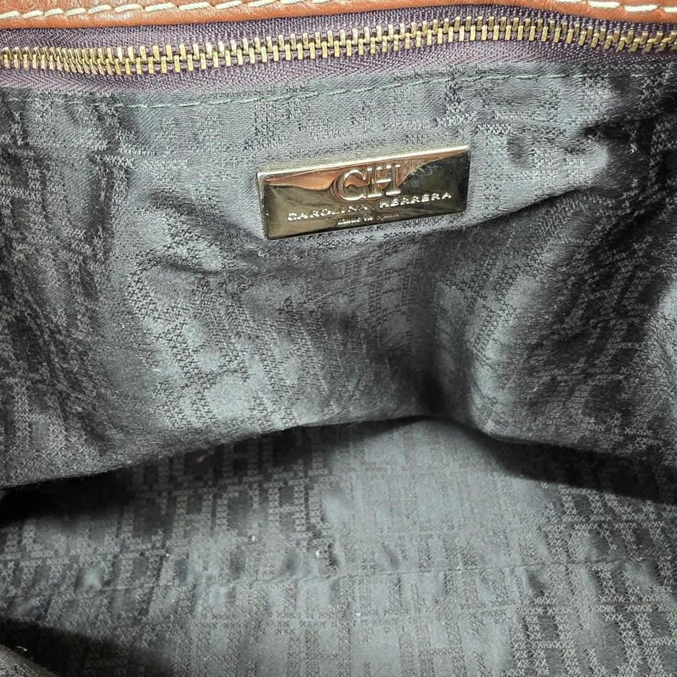 Bolso de Mano Carolina Herrera CH Cuero Marrón Repujado Cartera Grande Foto 3 de 4