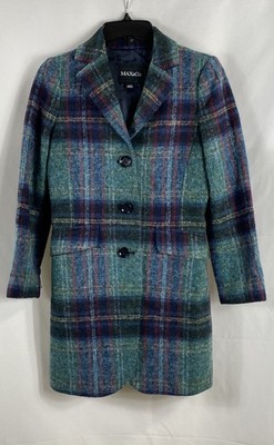 MAX&Co. Women's Teal Blue Plaid Wool Blend Double Breasted Coat US 2