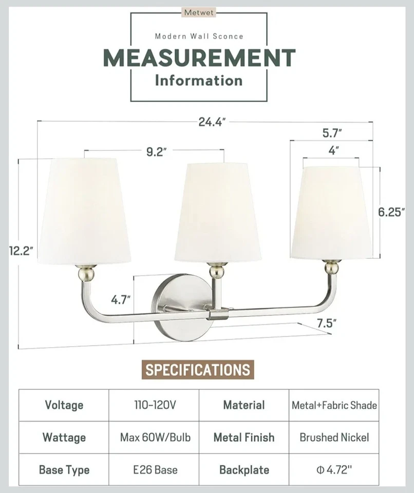 Светильники для ванной, матовые никелевые светильники для туалетного столика с расклешенным белым... - Изображение 3 из 4