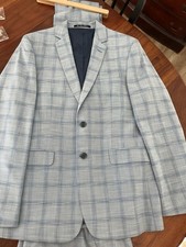 Light Blue Plaid Suit 38R Slim Fit 2 Piece  Flat Front Pants Nick Graham