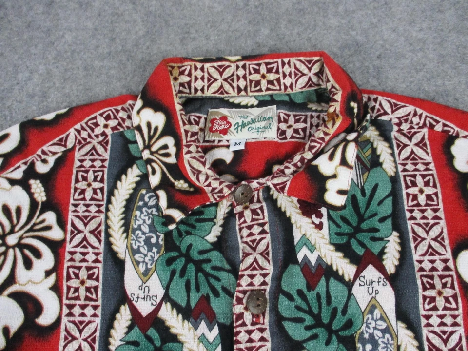 Camisa masculina Hilo Hattie média vermelha verde havaiana Aloha botão frontal feita nos EUA - Imagem 2 de 4