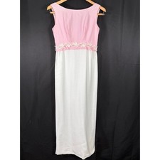 Vintage 60's Long Prom Dress Pink & White, Sleeveless, Bow, Slit, Floral Trim 