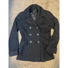 Moda International Black Double Breasted Wool Blend Pea Coat Jacket Women's S