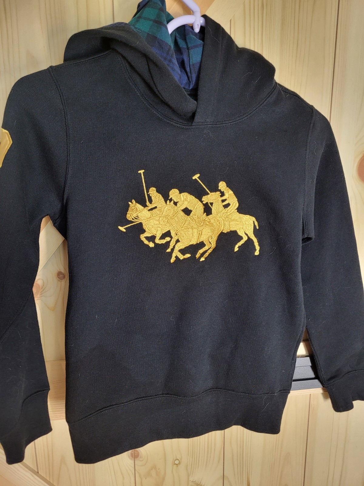 Ralph Lauren Polo Triple Pony Fleece Felpa con Cappuccio Pullover Nero Oro GIOVENTÙ Tg 8