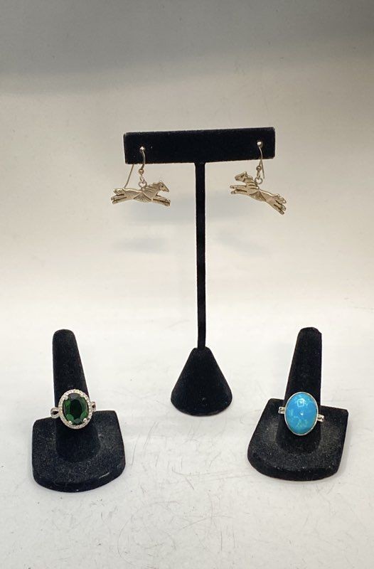 Sterling Silver 925 Jewelry Lot of 3 Turquoise Green Stone Rings Horse Earrings